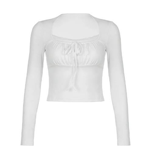 White Lace Patchwork Cute Kawaii Long Sleeve Cropped Top - White / S