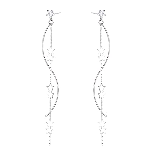 SLUYNZ 925 Sterling Silver Star Dangle Earrings Chain for Women Long Earrings Tassel Curve Dangle Earrings - A-Silver