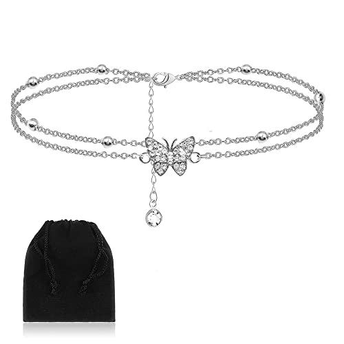 BINXWA 14K Butterfly Silver anklets for Women - Adjustable Women's anklets - Jewelry Anklet Gifts for Women Teen Girls(Include Gift Box)