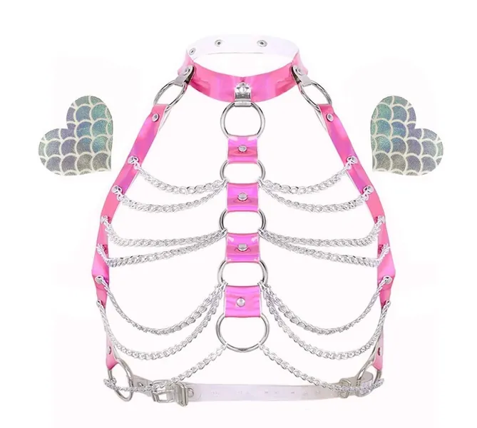 Rave Hologram Body Chest Harness Cage Bra Choker Chain Belts Body Costume with Pasties for Music Festival Roleplay Clubwear