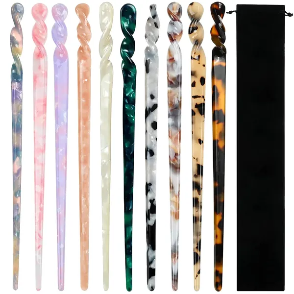 10 Pieces Acetate Hair Sticks Leopard Print Hair Pins, Tortoise Shell Hairpin Vintage Hair Chopsticks Retro Hairpins Disk, Hair Accessories for Women Girls (Classic)