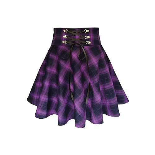 TONCHENGSD Women's Gothic Punk Plaid Pleated High Waisted Short A-line Flare Mini Skirt - Small - Purple Plaid