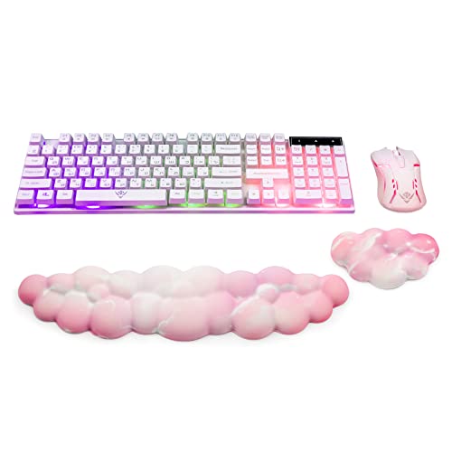 Cloud Wrist Rest for Keyboard & Mouse, Set of 2 Memory Foam Cute Cloud Palm Rest Keyboard with Non-Slip Base, Ergonomic Cloud Arm Rest Keyboard for Easy Typing Pain Relief for Gaming/Laptop(Pink) - Pink