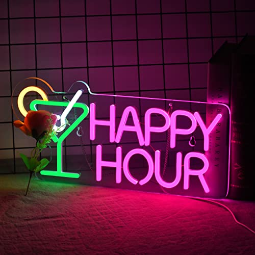 Cocktails Happy Hour Neon Sign for wall décor with Dimmable Switch LED Neon Signs Bedroom Beer Bar Neon Light Sign Hotel Party Club Office Art Lights. - Green+Pink