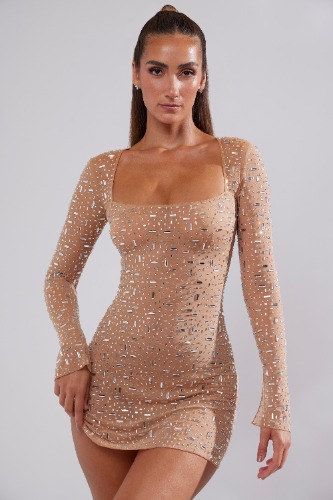 Sheer Embellished Long Sleeve A-Line Mini Dress in Almond | 4