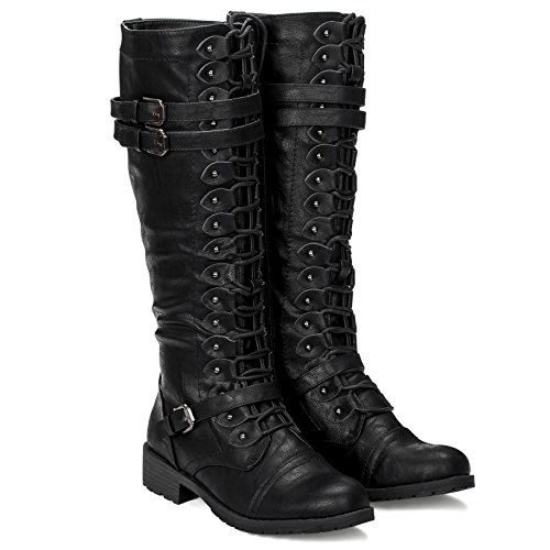 ILLUDE Women's Knee High Lace Up Buckle Military Combat Boots - 9 - Black