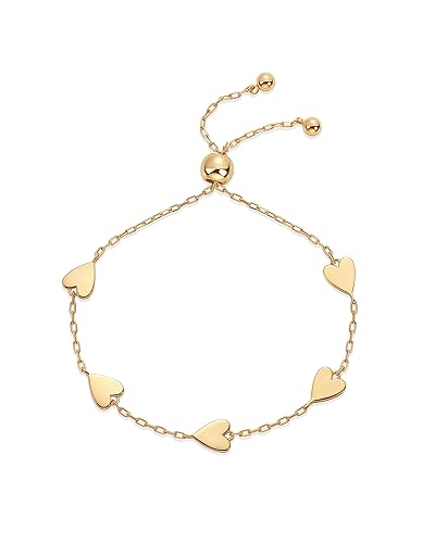 PAVOI 14K Gold Plated Dainty Station Heart Charm Bracelet for Women | Love Friendship Adjustable Link Chain Bracelet - Yellow Gold