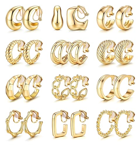 JEWPARK 12 Pairs Gold Clip on Earrings for Women 14K Gold Plated Chunky Clip on Hoop Earrings Non-Pierced Fake Earrings Set - gold
