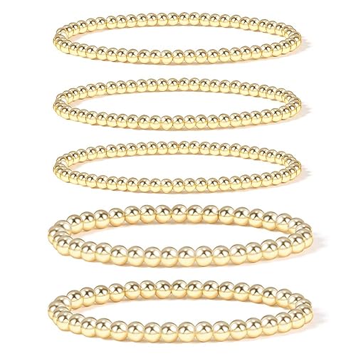 Badu Gold Plate Bead Bracelet for Women 14K Gold Plated Bead Ball Bracelet Stretchable Elastic Hypoallergenic Bohemian Stackable Bracelet - Style-3