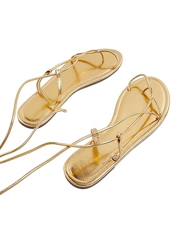 GORGLITTER Women's Gold Lace Up Sandals Strappy Open Toe Tie Up Summer Dressy Gladiator Sandals - 8 - Gold