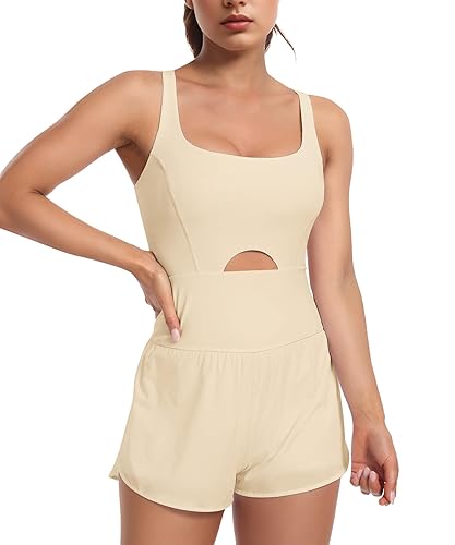 LOVE 3000 Workout Romper for Women | Zipper Pocket Athletic Jumpsuits, Yoga One Piece Bodysuit with Built in Shorts - Small - Skin