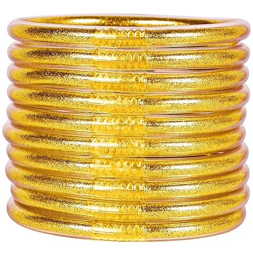 BELLEXIXI Glitter Jelly Bangle Bracelet Set - Gold Powder Lining Fashion Jewelry - Lightweight Cute Bracelets for Women - 10 PCS Gold Jelly Bangle