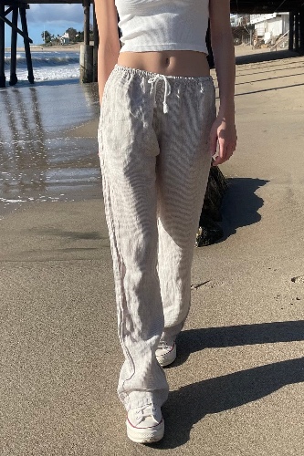 Anastasia Linen Pants | White With Beige Stripes / S