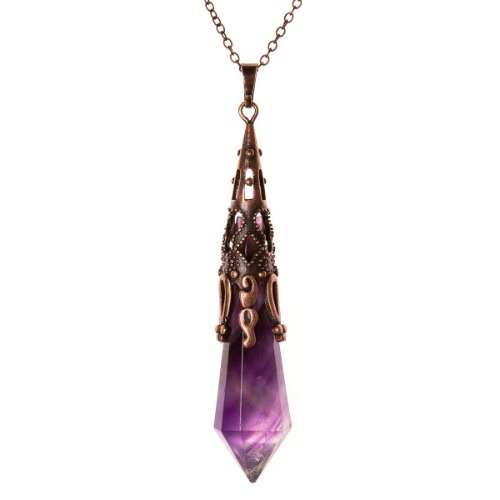 Bivei Retro Brass 12 Faceted Prism Chakra Necklace Witch Dowsing Pendulum Gemstone Quartz Point Top Healing Crystal Pendant Divination Reiki Antique Gift - Amethyst