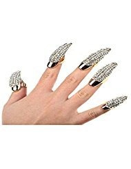 Set of 5 Punk Style Eagle Claw Ring Gothic Jewelry False Nail Retro Clear Crystal Talon Finger Ring Knuckle Bend Fingertip Claw for Cosplay Paty (gold) - gold