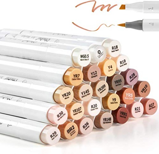 Ohuhu 24 Skin-Tone Colors Alcohol Markers, Brush & Chisel, Sketch Art Marker, Alcohol-Based Brush Markers for Student and Adults' Coloring, Illustration, Mid-Tone Skin Tone and Hair Shades Marker Set - 24 Colours