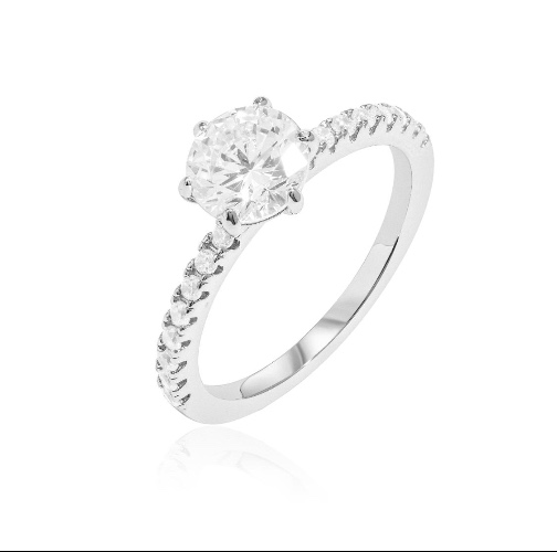 Grand Solitaire Ring with side stones/18K White Gold & Cubic Zirconia - Small (US 6)