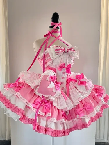 [$82.00]Pink Boned Basque Waist Puffy Dress with Bowknots and Big Padded Heart Decorated