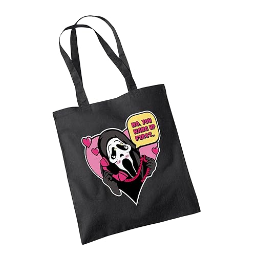 WillowGifts No You Hang Up First Tote Bag Cotton Shopper Funny Slasher Thriller Horror Woodsboro High School Ghostface Ghost Mask 90's Movie Cinema Film Gift Present (Black)