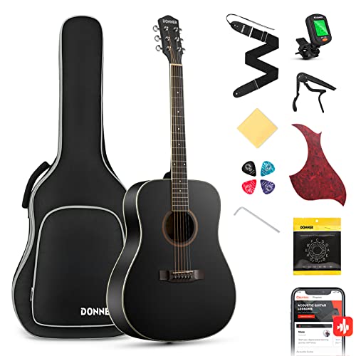Donner Acoustic Guitar Full Size Guitar 4/4 Dreadnought 41 inch Guitar Kit for Beginner with Gig Bag Capo Picks Tuner Strap Strings (Black) - Dreadnought - Black
