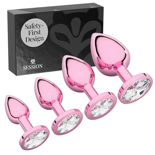 Session Jewel Butt Plug Beginner 4 Piece Set - Extra Small, Small, Medium, Large - Wide Base Prevents Slippage - Metal Anal Sex Adult Toy for Men & Women - Pink & Clear Diamond - Circle Shaped Charm - Pink & Clear - Circle Shaped Charm