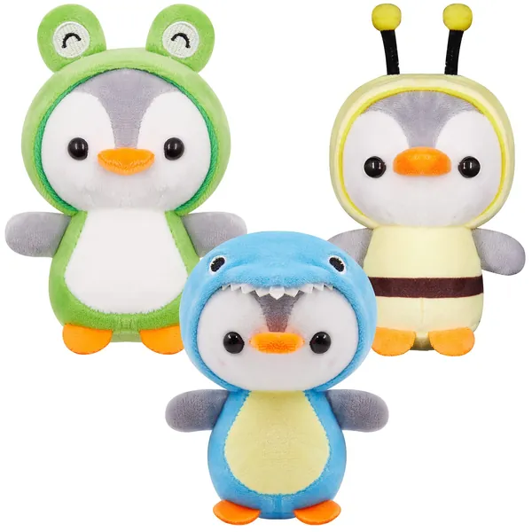 Kiddisie 3 Pieces Mini Cute Stuffed Penguin Keychains Set in 4.8 Inch Frog Bee Dinosaur Costume Dressed Plush Toys Keychain for Boys Girls (3PCS)