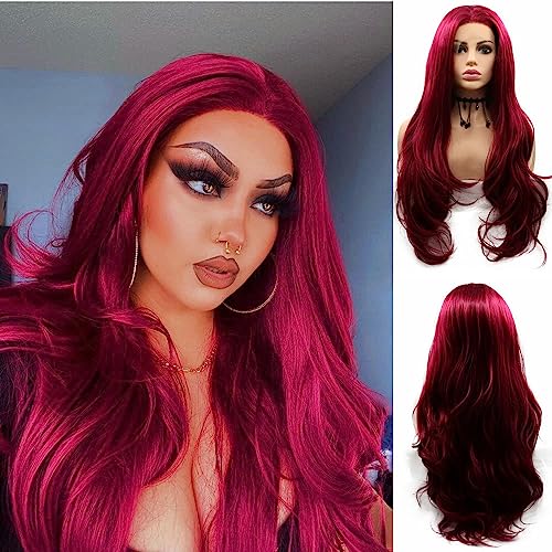 SERENEWIG Female Dark Red Synthetic Lace Front Wigs for Women Cosplay Party Replacement Drag Queen Mermaid Red Real Natural Color Long Wavy Hair Synthetic Full Glueless Wig 26"