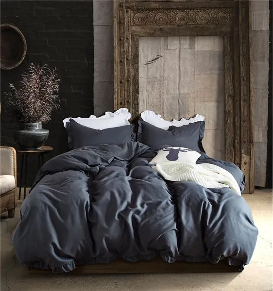 Omelas Dark Grey Ruffled Duvet Cover Set King Size Vintage Ruffle Fringe Comforter Cover Solid Color Farmhouse Rustic Bedding Soft Microfiber,Zipper Closure,1 Sham (Dark Gray, King)