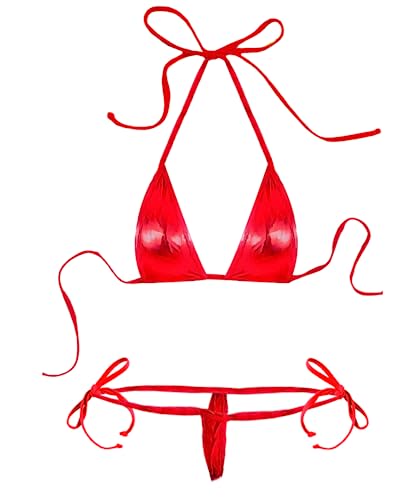 Women Sexy Triangle Bikini Extreme Sets Adjustable Micro Thong Swimsuit Mini Tie Side Leather Swimwear Clubwear - Red