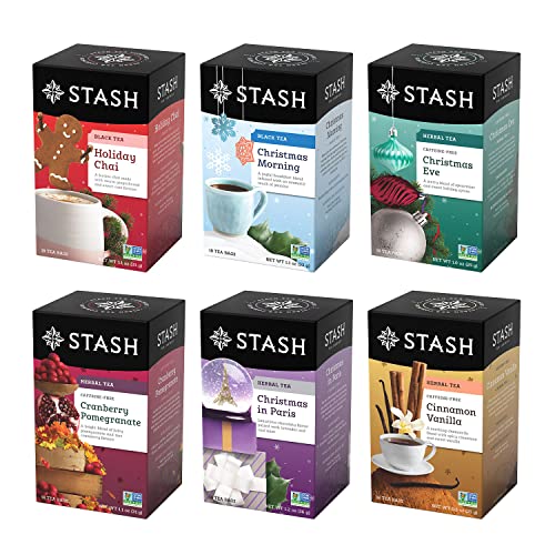 Stash Tea Holidays Are Here Variety Pack Sampler Assortment - Caffeinated, Non-GMO Project Verified Premium Tea with No Artificial Ingredients, 18 Count (Pack of 6) - 108 Bags Total - Holiday Tea Assortment - 18-20 Count (Pack of 6)