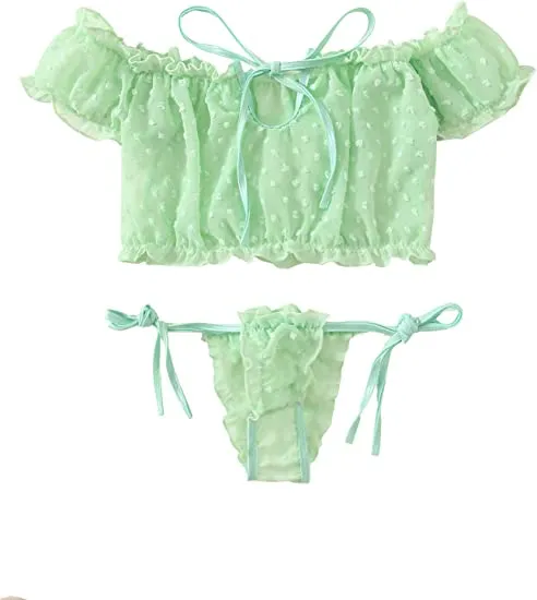 Ruffle Trim Mesh Lingerie Set - Small - Mint Green