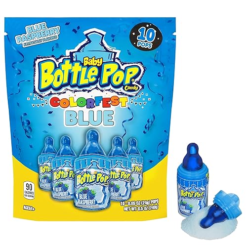 Baby Bottle Pop Colorfest Individually Wrapped Blue Raspberry Party Pack – 10 Blue Raspberry Lollipops w/ Powdered Sugar Dip - Bulk Candy For Party Favors, Birthdays, & Gender Reveal Parties - Baby Bottle Pop Lollipop Party Pack - All Blue