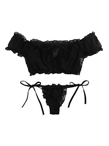 Ruffle Trim Mesh Lingerie Set - Small - Black