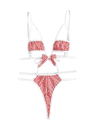 2 Piece Lingerie Set Gingham Print Bow Knot Cut Out Bra and Panty Sets - Small - Red and White
