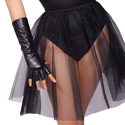 DooWay Long Leather Fingerless Gloves Women Black Red Faux Leather Half Finger Driving Cosplay Gloves - Black Matte