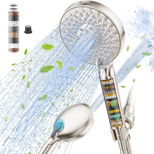 SR SUN RISE Filtered Shower Head with Handheld, High Pressure 9 Spray Mode Brushed Nickel Showerhead with Filters, detachable shower head,Water Softener Filters Beads for Hard Water - Remove Chlorine - 9 Mode - Brushed Nickel
