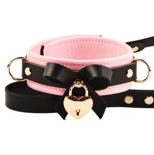 Premium Blush Pink Leather BDSM Bow Collar with Love Lock Pendant | Locking Buckle with Lock