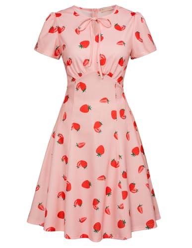 Belle Poque Women's 1940s Vintage A Line Swing Dress Keyhole Tie Dress Round Neck Work Dress Tea Dress - X-Large - Pink Strawberry