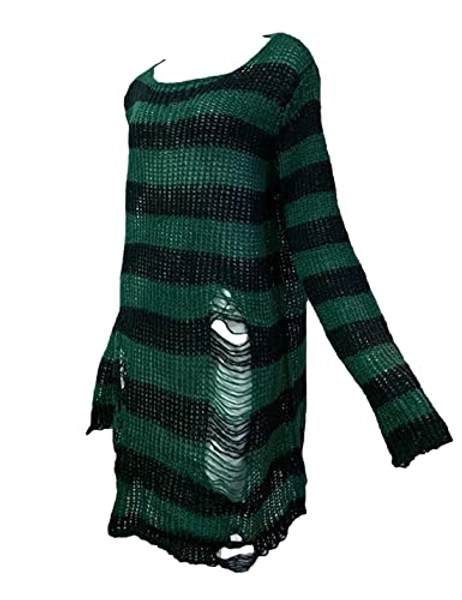 Peaceglad Womens Oversized Goth Punk Ripped Striped Long Sleeve Pullover Sweater Dress Tops