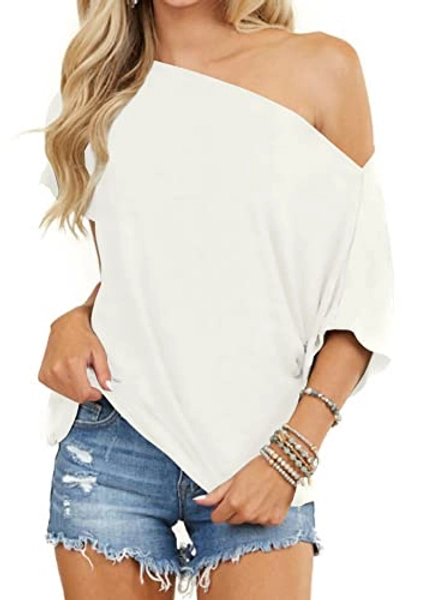 INFITTY Women's Off Shoulder Tops Short Sleeve Casual Loose Batwing Shirts Oversized Blouse Tunic