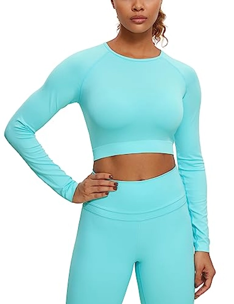 CRZ YOGA Seamless Long Sleeve Shirts for Women Ribbed Workout Tops Athletic Crop Tops Cropped Running Gym Shirts