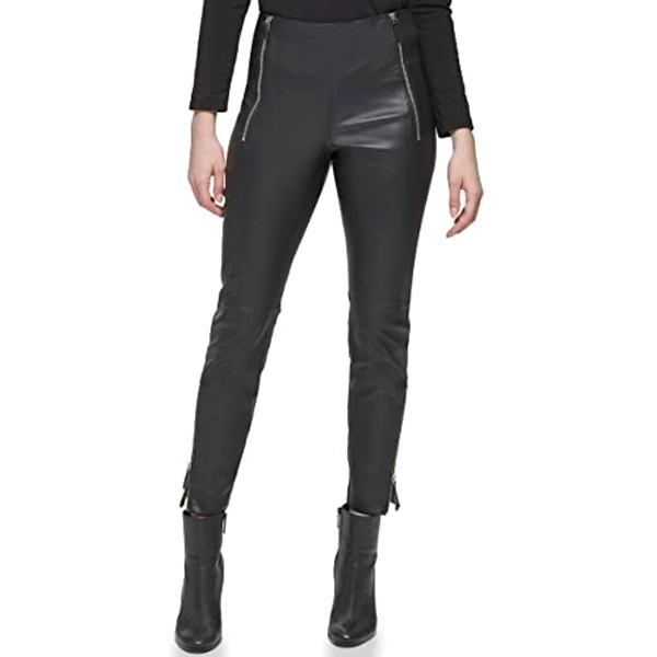 Karl Lagerfeld Paris Women's Stretch Leather Zipper Pants W/Top Stitch Detail