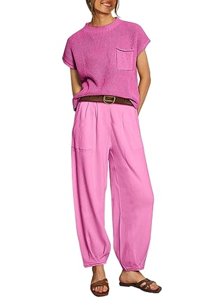 EFAN 2 Piece Outfits For Women Cozy Knit Lounge Sets Trendy Sweater Set Short Sleeve Fashion Loungewear
