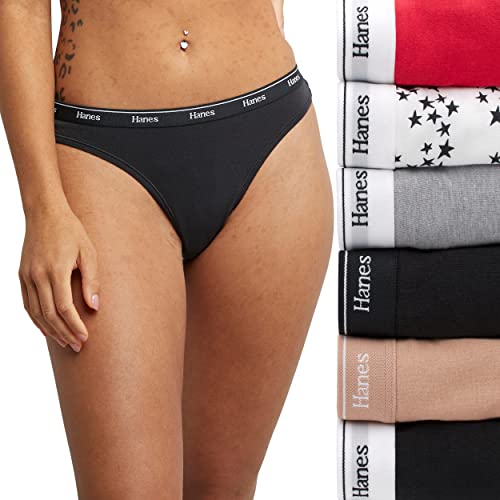 Hanes Women's Originals Thong Panties, Breathable Stretch Cotton Underwear, Assorted, 6-Pack - Small - Basic Color Mix