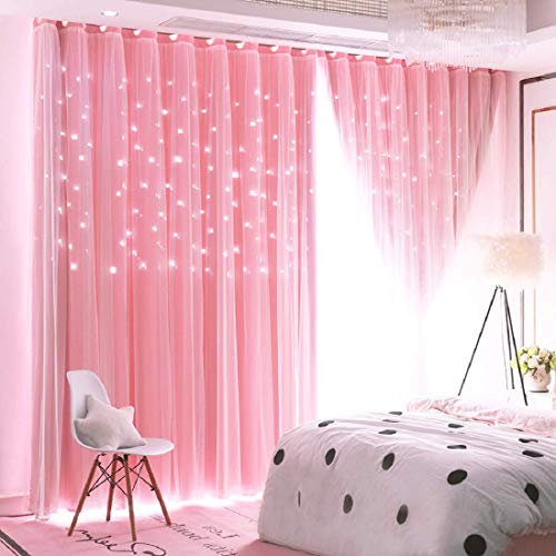UNISTAR 2 Panels Stars Blackout and Sheer Curtains for Bedroom Girls Kids Baby Room, Double Layer Star Cut Out Living Room Window Curtain, W42 x L84 Inches Long, Pink - 84.00" x 42.00" - 2panels丨double-layer,pink