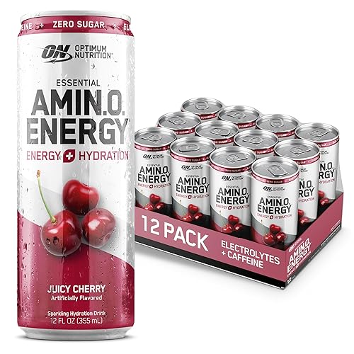 Optimum Nutrition Amino Energy Sparkling Hydration Drink, Electrolytes, Caffeine, Amino Acids, BCAAs, Sugar Free, Juicy Cherry, 12 Fl Oz, 12 Pack (Packaging May Vary) - Amino Energy Sparkling - Juicy Cherry - 12 Count (Pack of 1)