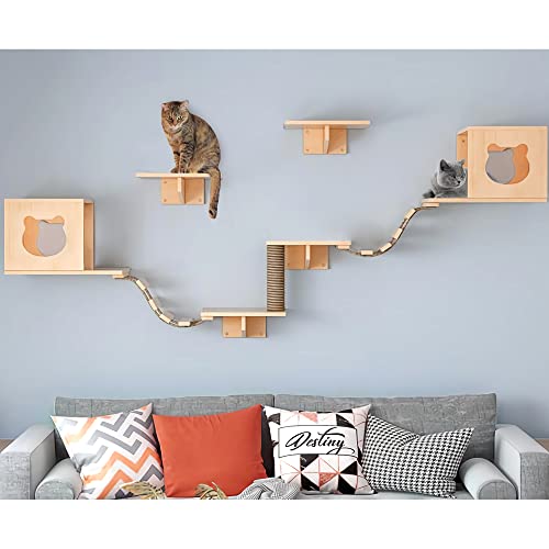 Cat Wall Shelves, Cat Wall Furniture, Floating Cat Wood Climb Furniture, Cat Wall Mounted with 4 Cat Shelves & 2 Cat Houses & 2 Ladders & 1 Cat Scratching Post