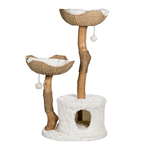 MAU Modern Cat Tree Tower for Large Cats, Real Branch Luxury Cat Condo, Wood Cat Scratching Tree, Cat Lover Gifts by Mau Lifestyle - White