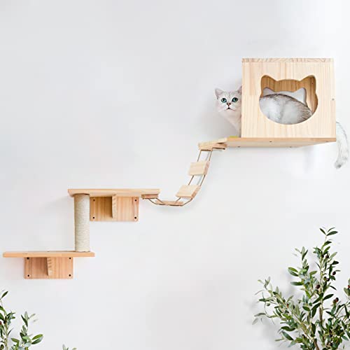 Cat Wall Shelves, Cat Shelves and Perches for Wall, Cat Wall Furniture Set 5 PCS Cat Wall Mounted with 1 Cat Condos House, 2 Cat Wall Shelves, 1 Cat Sisal Scratching Post, 1 Ladder