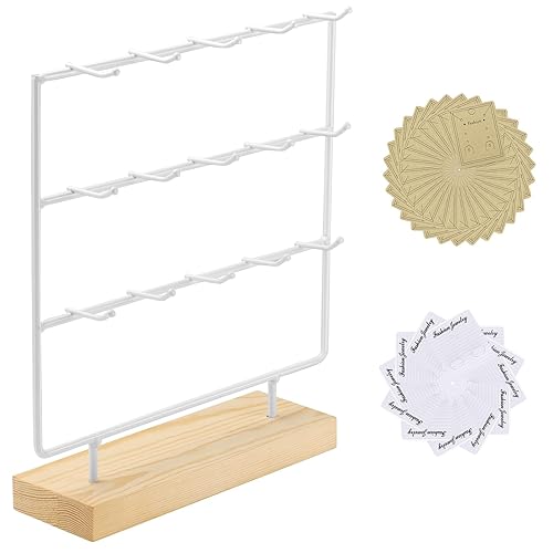 RNTBWD Earring Display Stand 3 Tier 15 Hooks Wood Earring Display Rack Holder for Earings Necklaces Rings Bracelets Keychains (White) - White